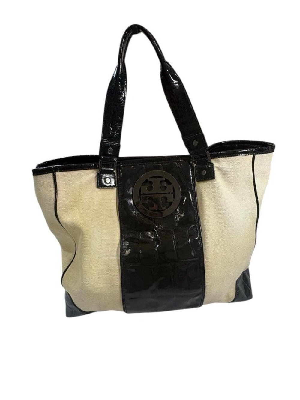 TORY BURCH PATENT LEATHER/CANVAS TOTE 13”H X 16W
